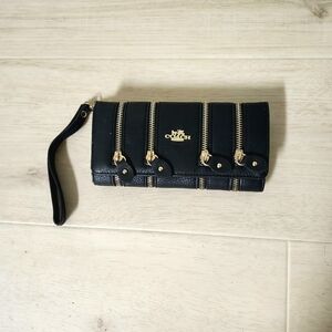 Coach | Black Leather Wristlet with Gold Accents